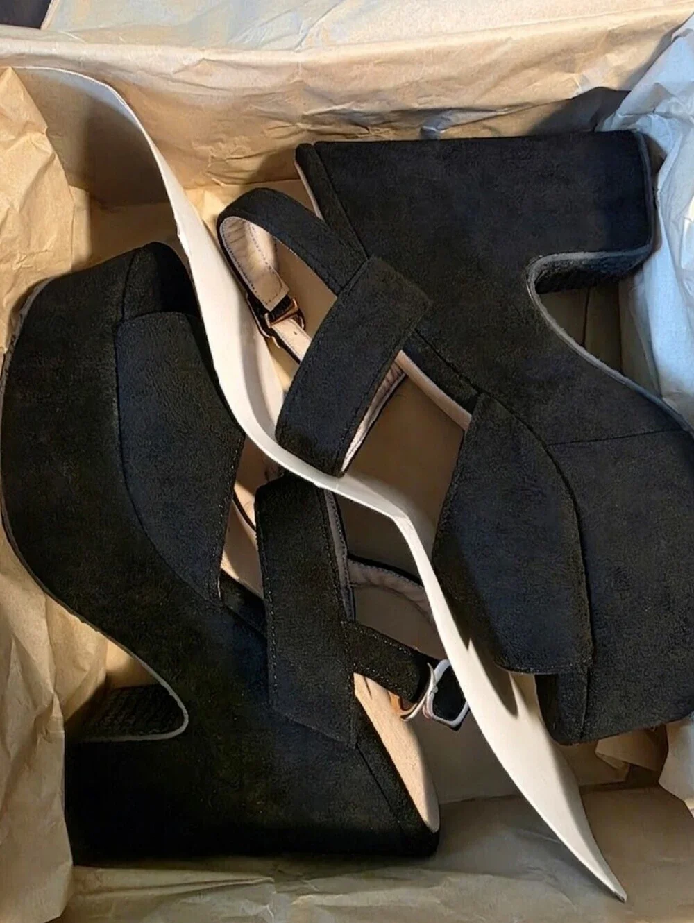 Retro Black Faux Suede Chunky Platform Sandals Open Toe Block Heel Y2K, EU 38